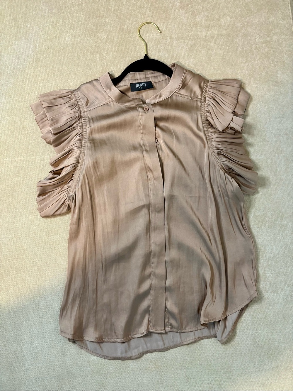Reset Blush Gold Ruffle-Sleeve Satin Blouse
